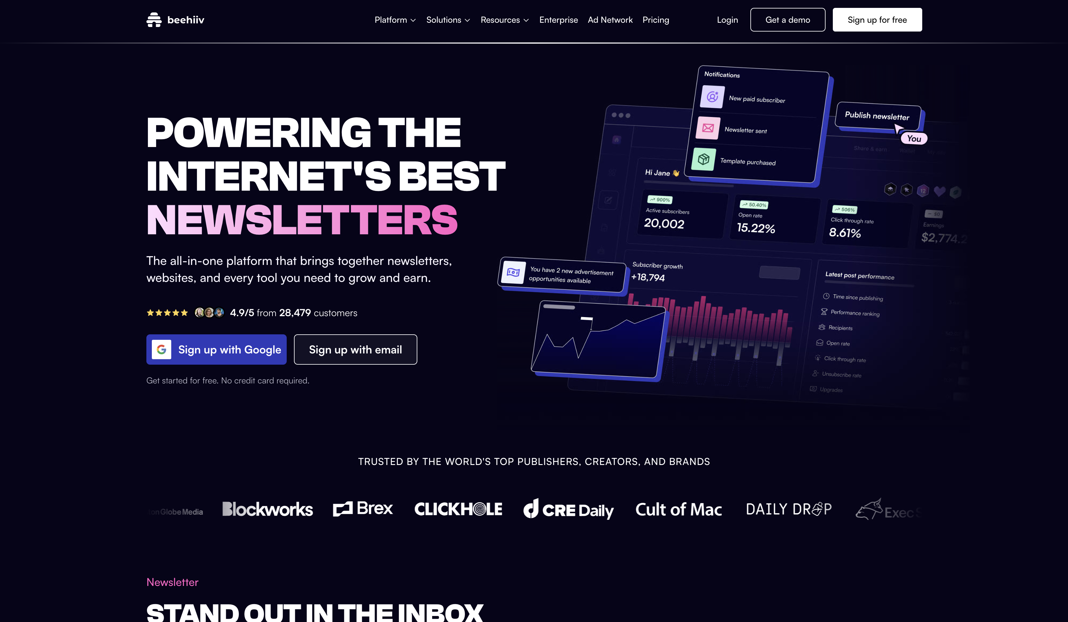 Beehiiv newsletter platform homepage