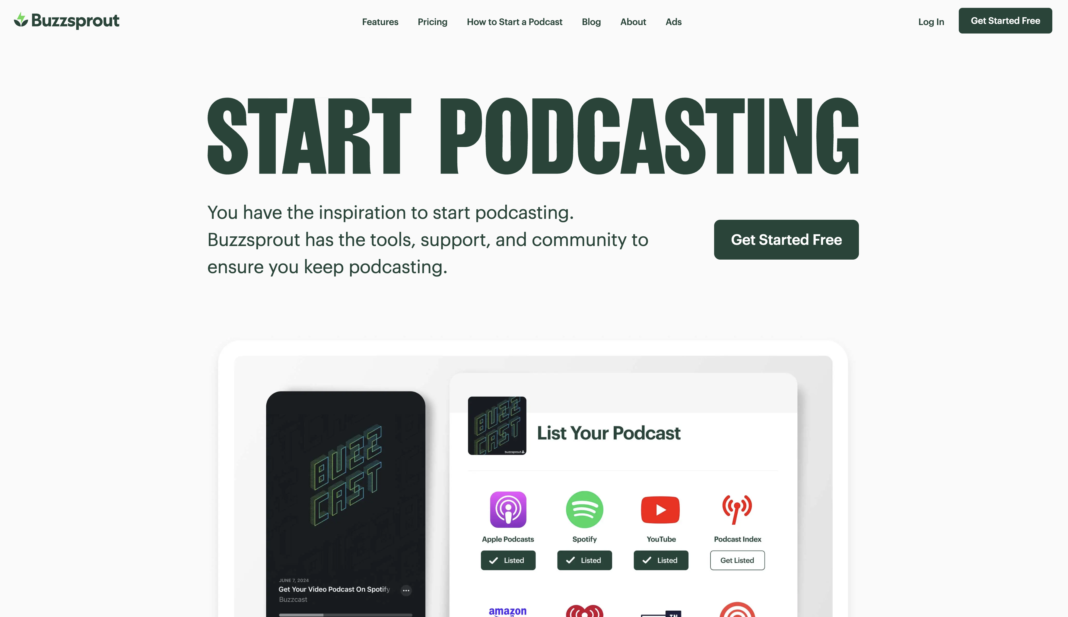 Buzzsprout podcast hosting homepage
