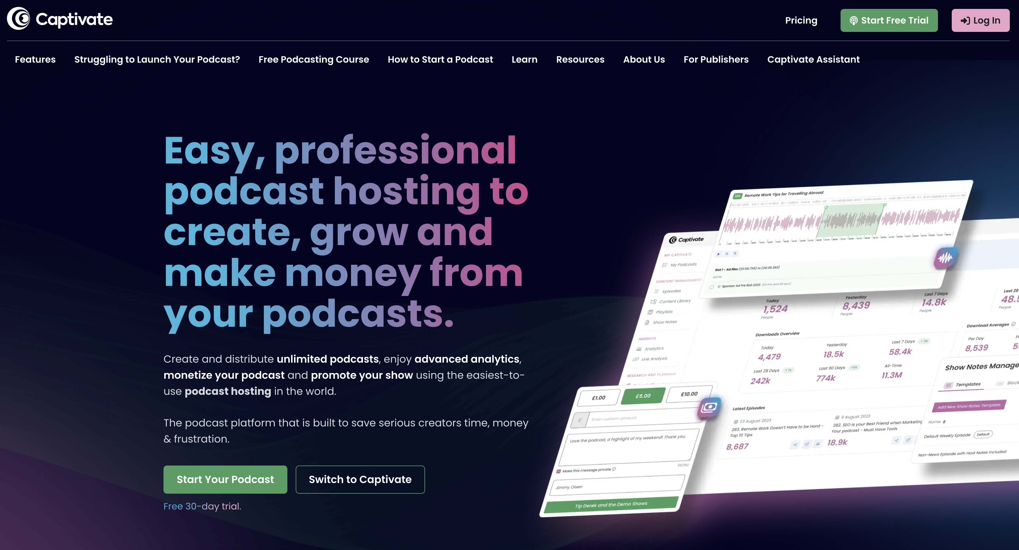 Captivate.fm podcast hosting homepage