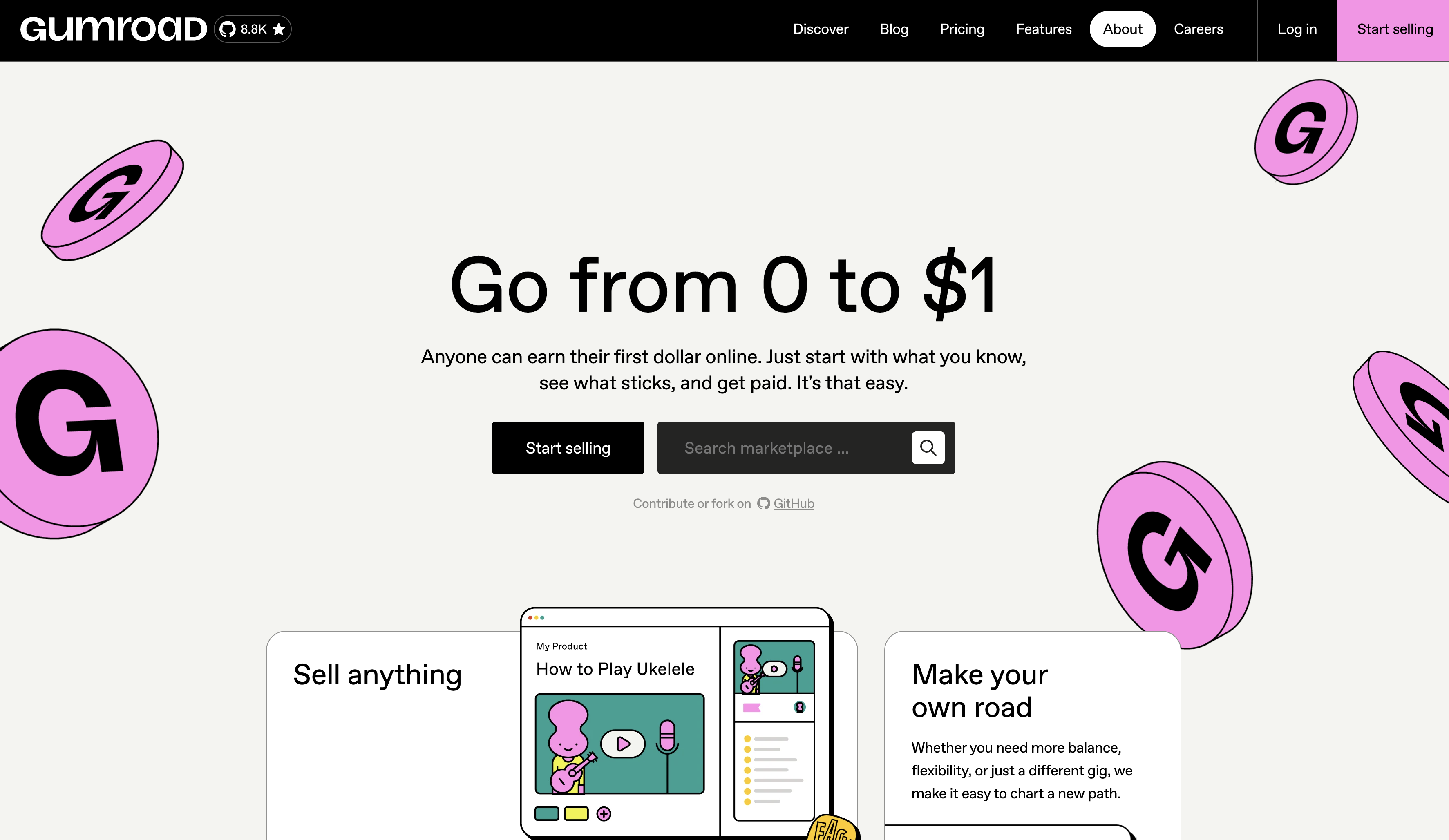 Gumroad digital product marketplace homepage
