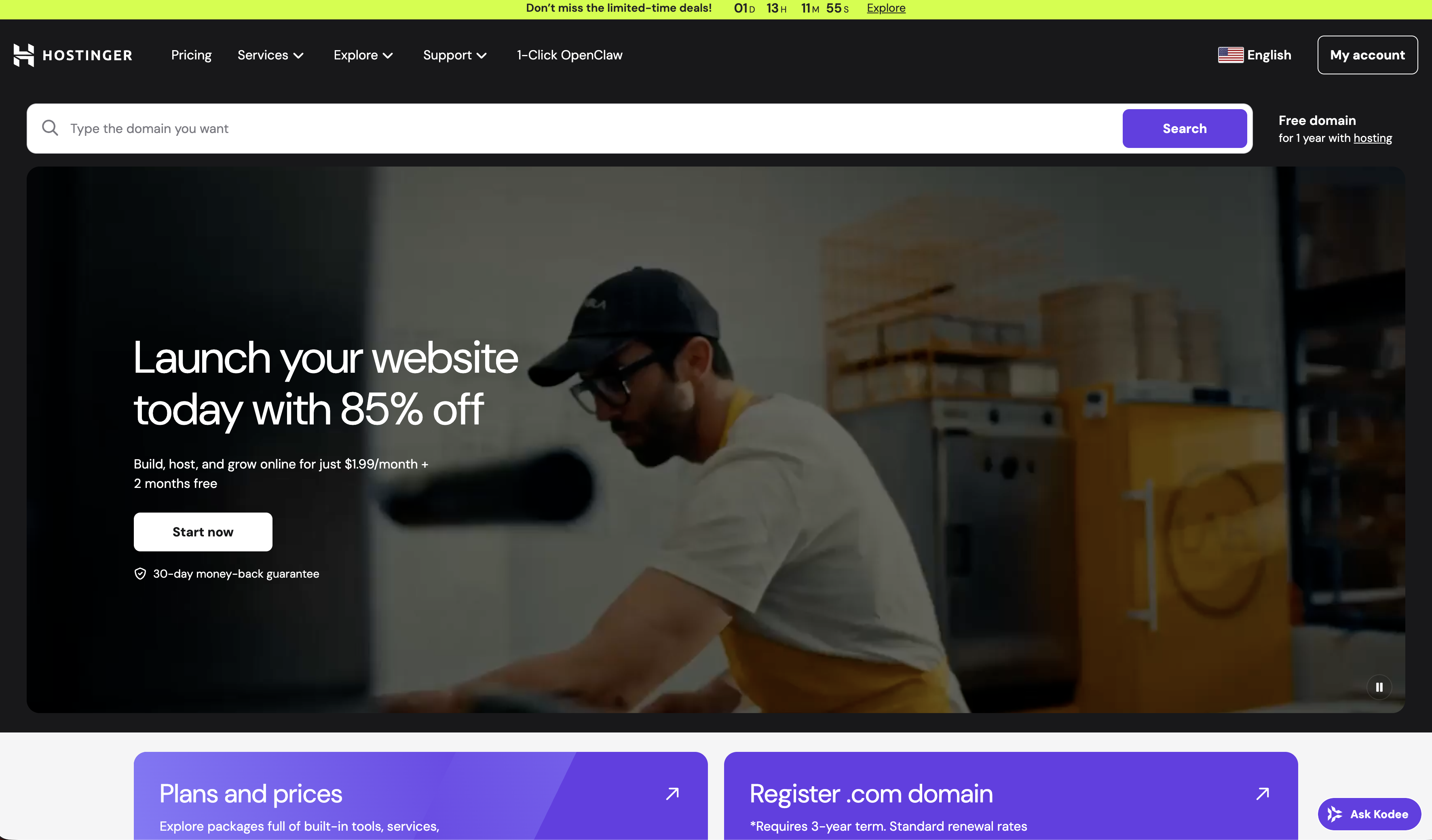 Hostinger web hosting homepage