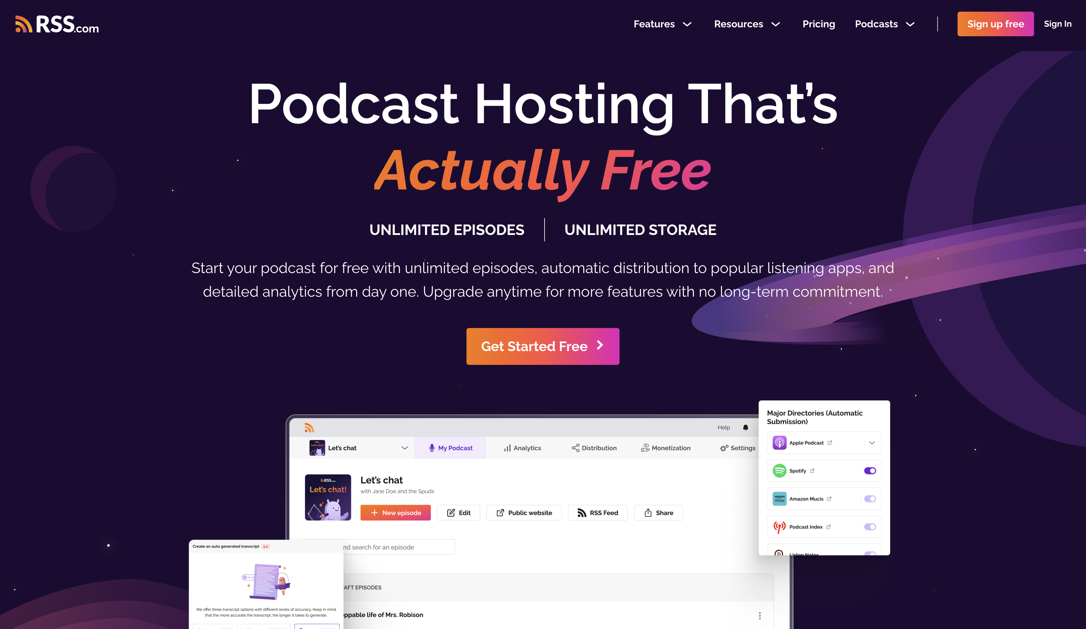 RSS.com podcast hosting homepage