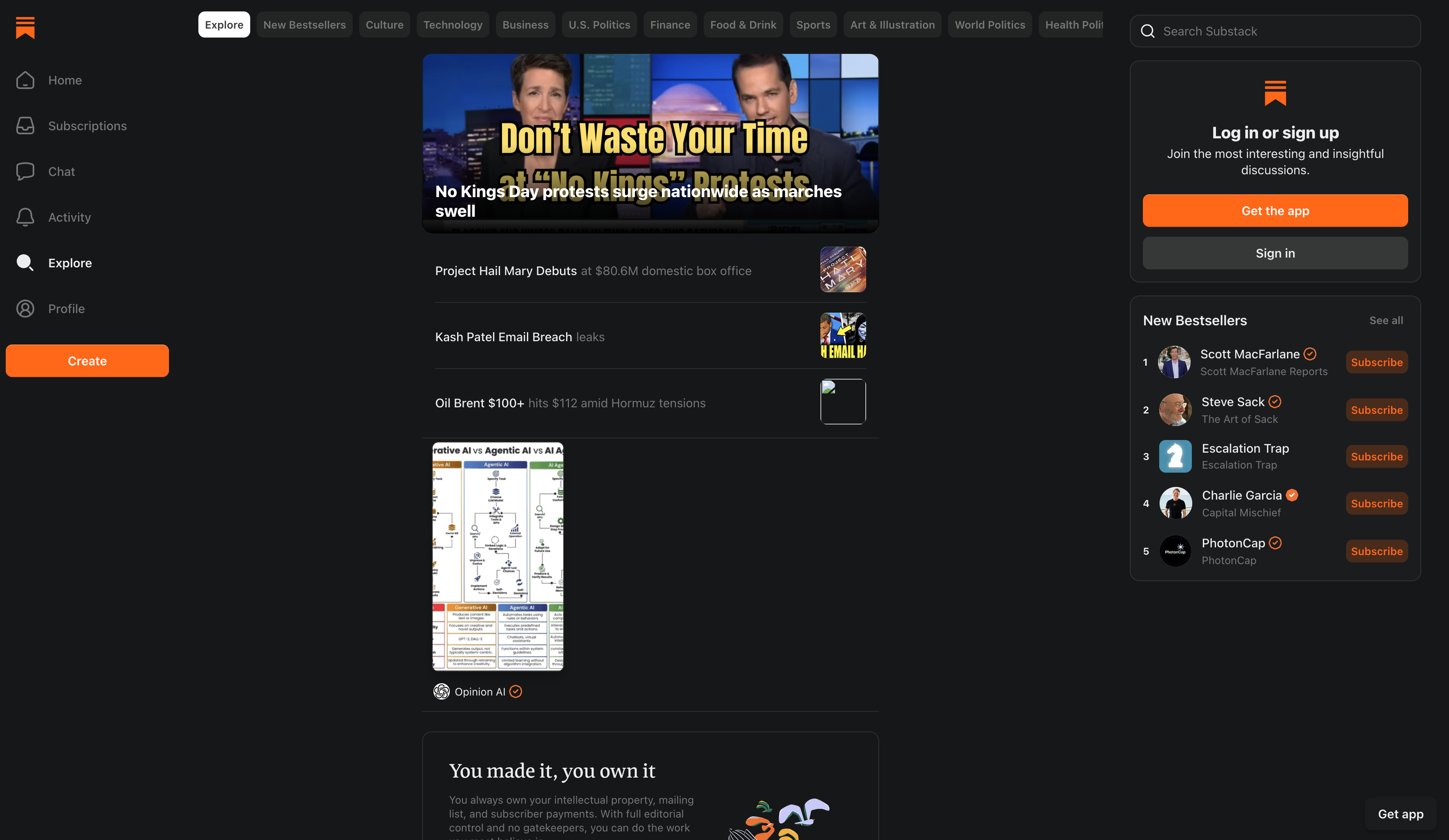 Substack newsletter platform homepage