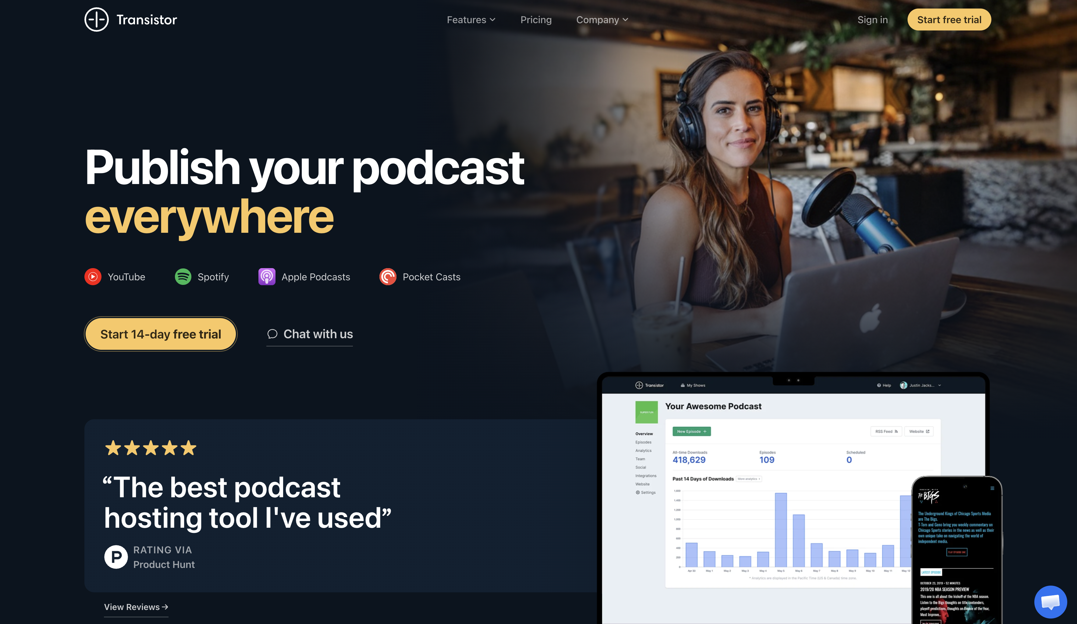 Transistor.fm podcast hosting homepage