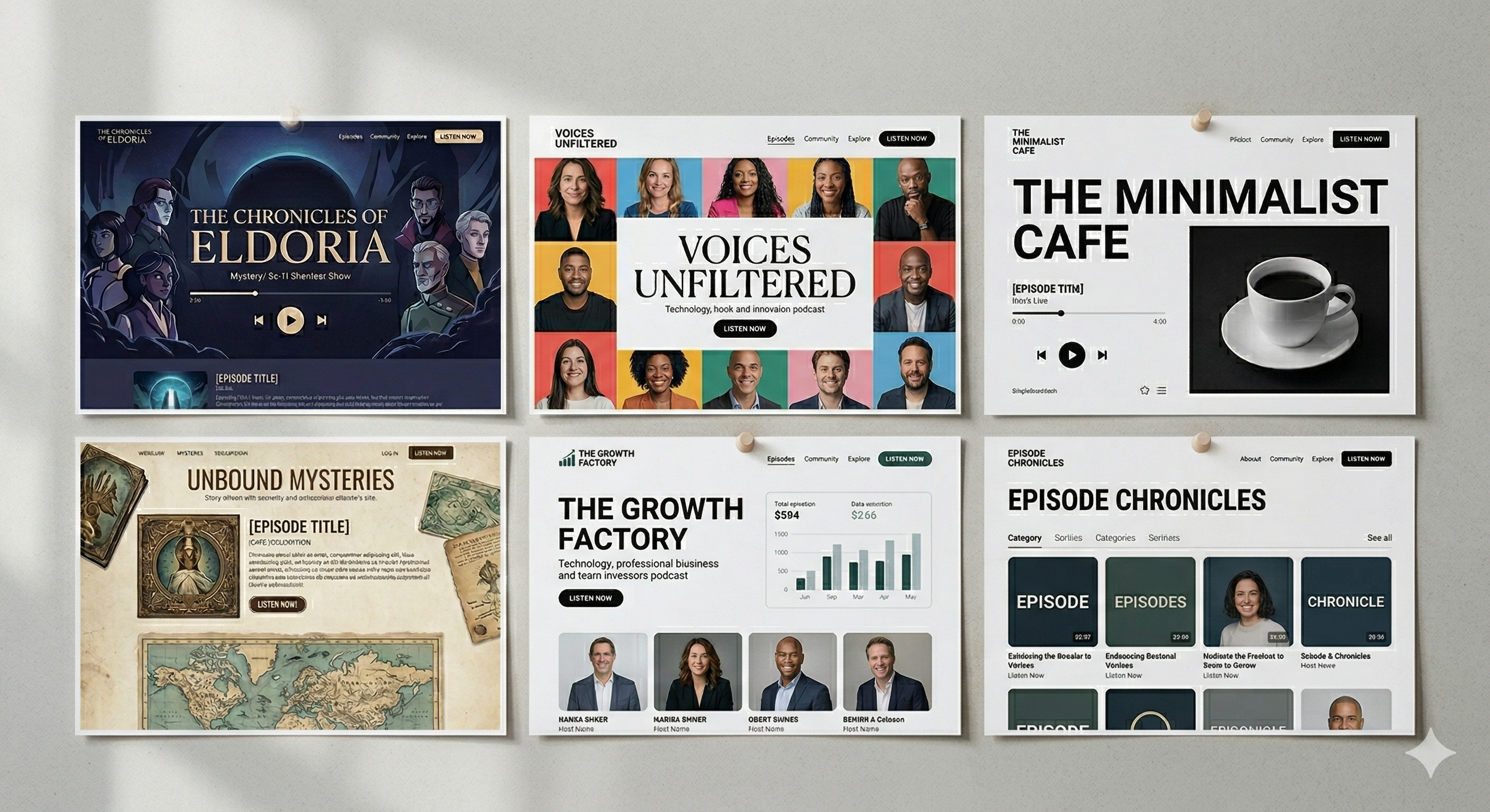 Grid of well-designed podcast website examples for design inspiration