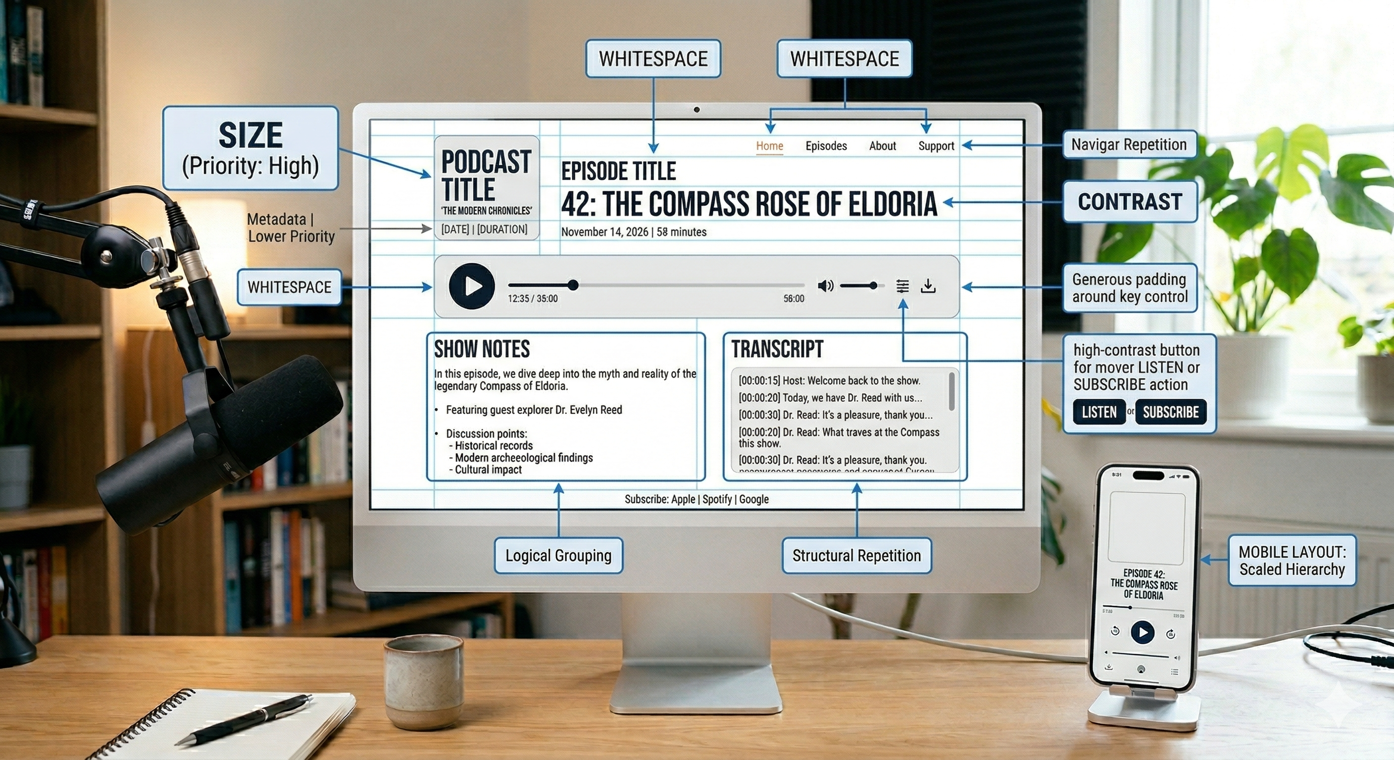 Visual hierarchy principles illustrated on a podcast website wireframe